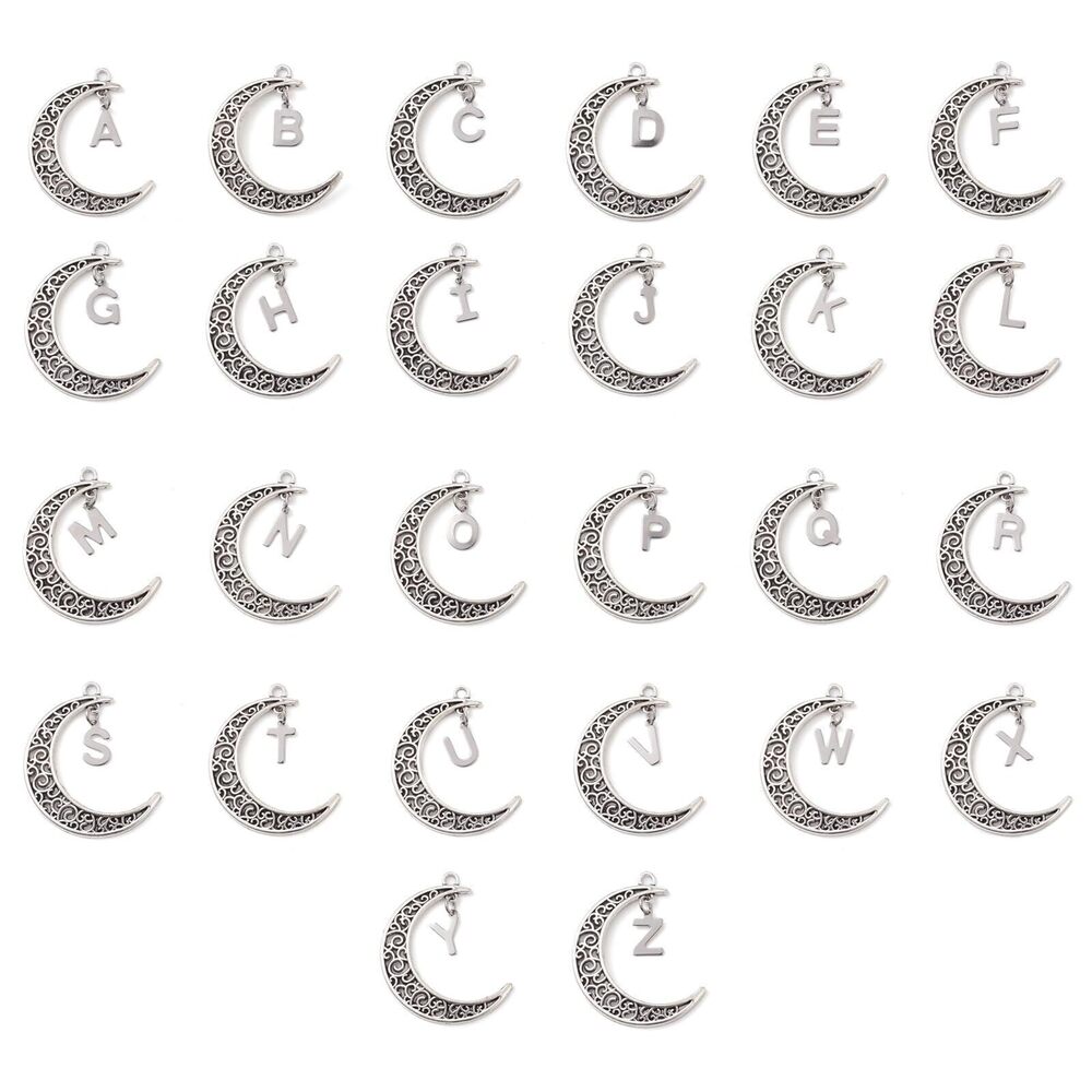 3227 78 pcs 26 Styles Antique Silver Moon with Letter Charms Vintage